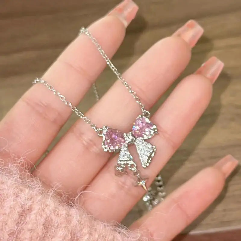 New design bow pink Danburite cross pendant necklace