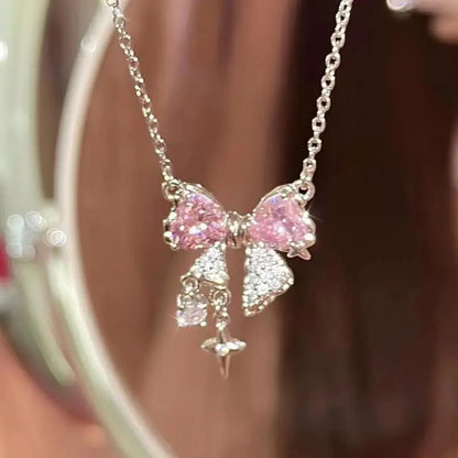 New design bow pink Danburite cross pendant necklace